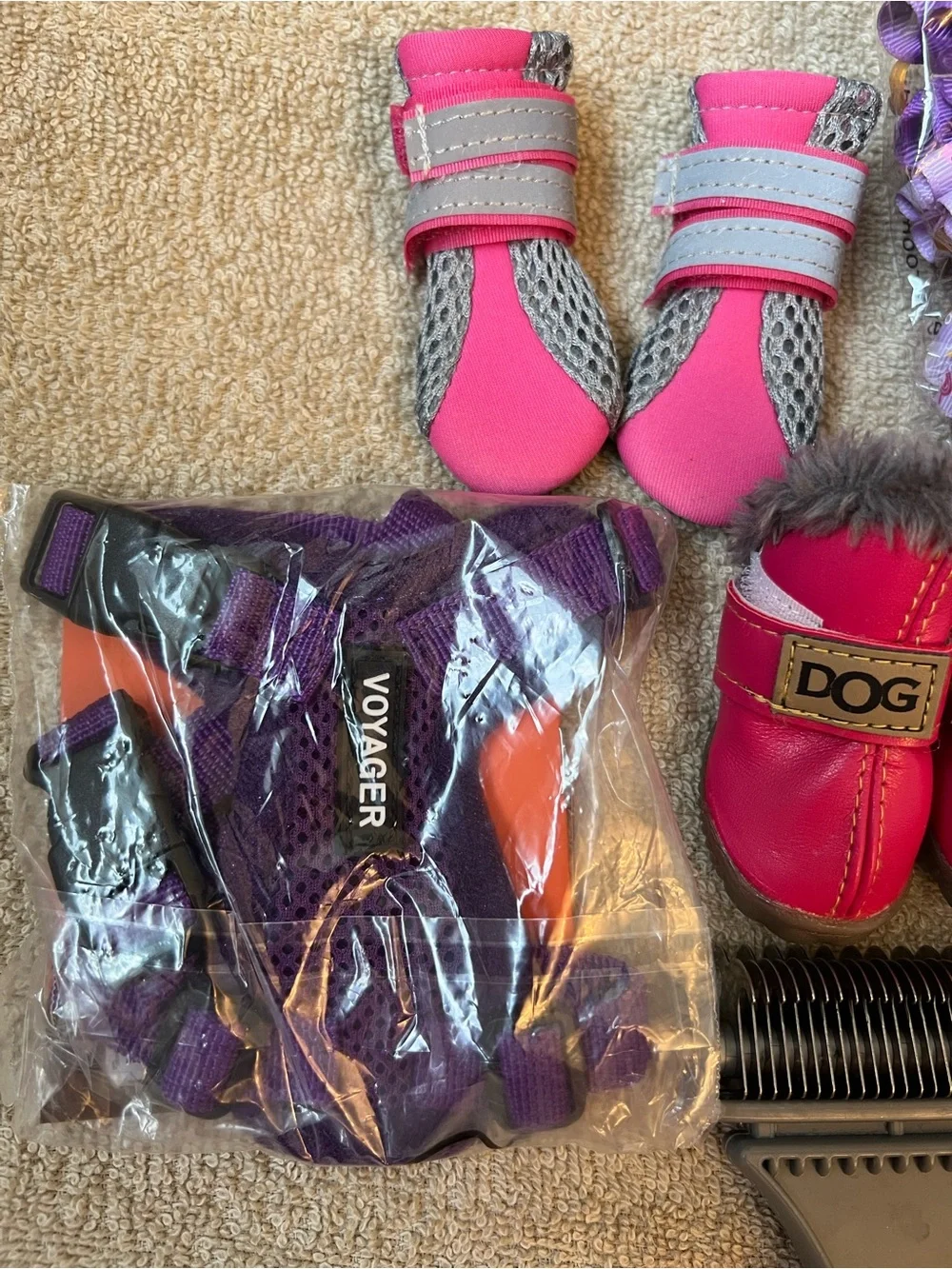 Pink Faux-Fur Dog Lot; Boots, go pets brush, clik-R, voyager xxxs mess harness